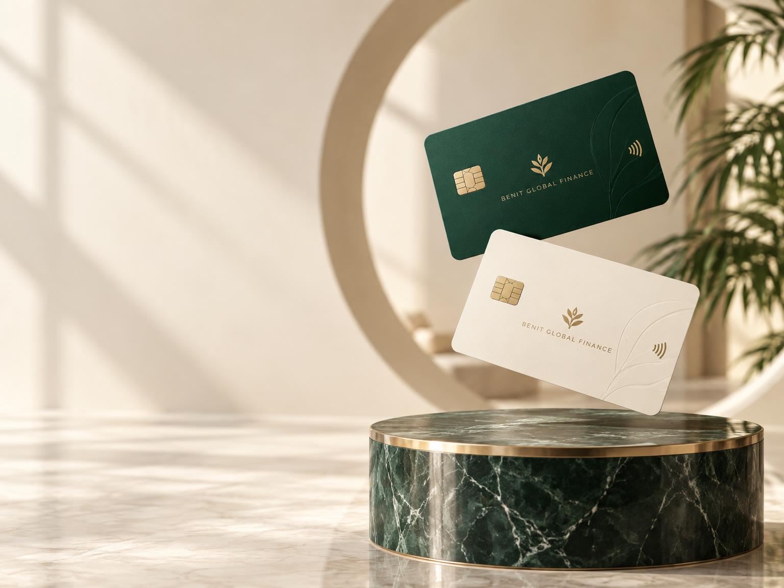 Benit Global Finance emerald and ivory bank cards
